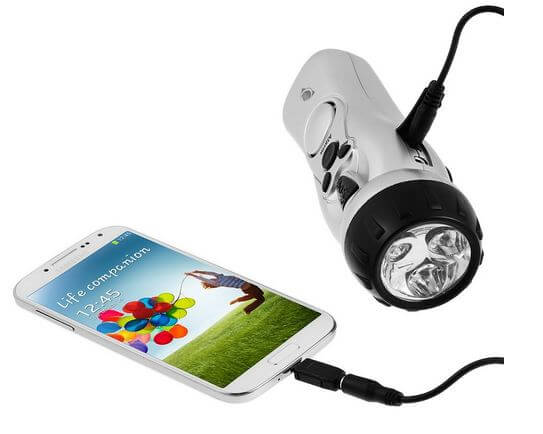 Hand Crank LED Flashlight, Cell Phone Charger, FM Radio and Alarm