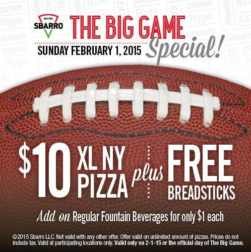 Sbarro's Big Game Special - Great Deal on Pizza For Your Super Bowl Party