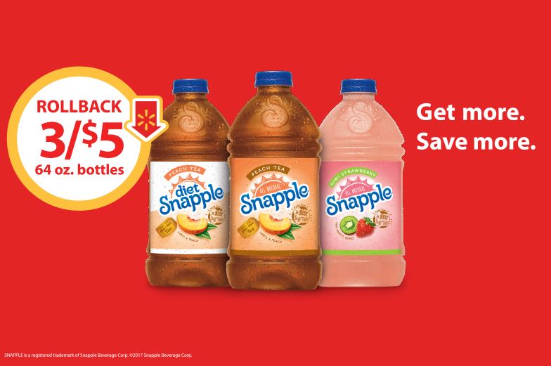 Stock Up on Snapple 64 Oz. Peach, Diet Peach, and Kiwi Strawberry- Buy 3/$5 on Rollback at Walmart