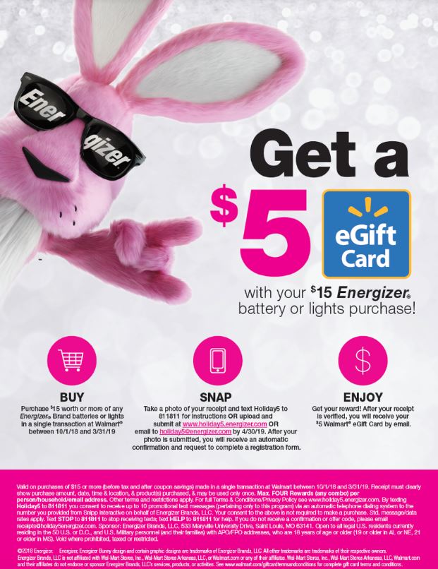 FREE $5 Walmart Gift Card With Your Next Energizer Battery Purchase